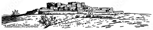 Desert Hilltop Village Panorama Vintage Engraving Vector