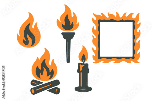 Stylized fire elements collection with burning torch, campfire, lit candle, and decorative flame border frame