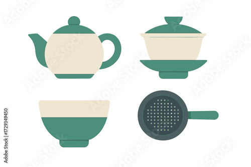 Traditional Asian tea ceremony items including a teapot, gaiwan, tea cup, and strainer for brewing hot beverages