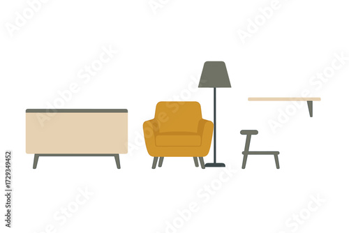 Stylish contemporary home interior furniture collection with armchair, sideboard, floor lamp, and wall shelf