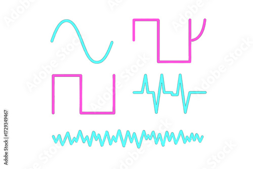 Diverse electronic signal waveforms including sine, square, pulse, and complex wave patterns for scientific data visualization