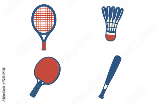 Tennis racket, badminton shuttlecock, table tennis paddle, and baseball bat for various sports activities