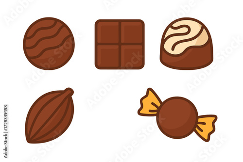 Assortment of delicious chocolate confections including bonbons, bars, wrapped candies, and cocoa pods on a clean white background