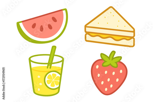 Assortment of summer picnic food and drink items including watermelon, sandwich, lemonade, and strawberry