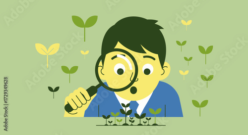Curious Observer Inspecting Growth with Magnifier, Symbolizing Discovery and Environmental Focus