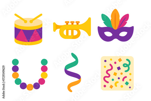 Vibrant carnival celebration elements set featuring musical instruments, festive masks, and party decorations