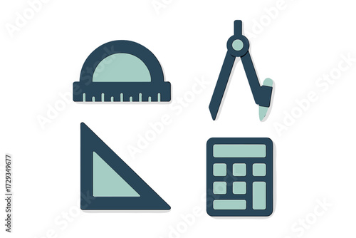 Essential geometry and mathematics tools set including protractor compass set square and calculator for school education