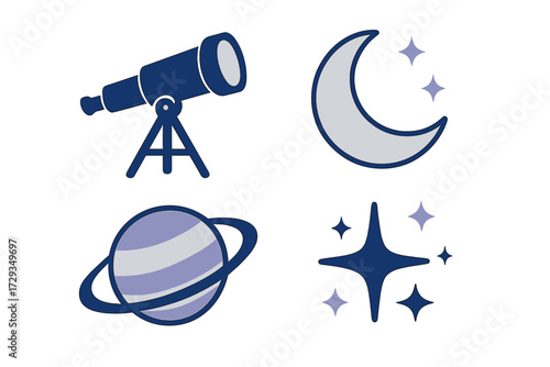 Astronomy and Celestial Body elements including a Telescope, Crescent Moon, Ringed Planet, and Sparkling Stars
