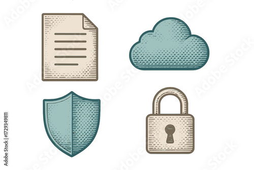 Digital data security and cloud storage concept with document, shield, and padlock icons representing information protection and privacy