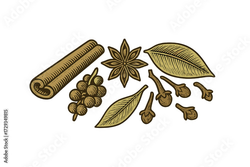 Assortment of aromatic cooking spices including cinnamon, star anise, cloves, bay leaves, and peppercorns