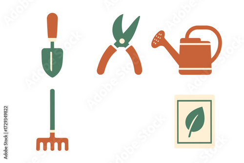 Collection of essential gardening tools including trowel, rake, pruners, watering can, and seed packet for planting