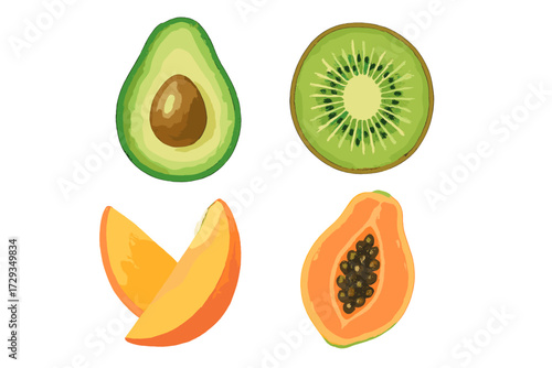 Fresh colorful tropical fruit halves and slices including avocado, kiwi, mango, and papaya, arranged for healthy eating and natural ingredients
