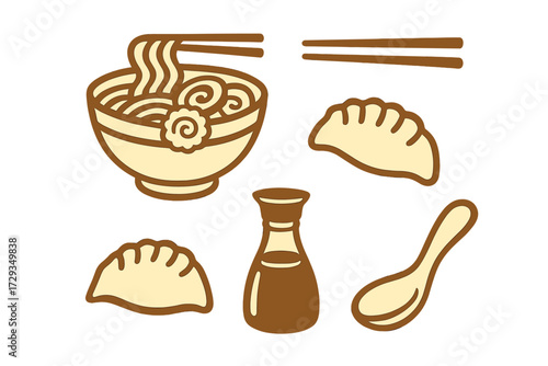Delicious Asian cuisine elements including a bowl of ramen noodles, savory dumplings, a soy sauce bottle, and chopsticks