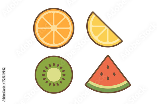 Colorful collection of various fresh fruit slices including orange, lemon, kiwi, and watermelon for healthy eating and summer themes