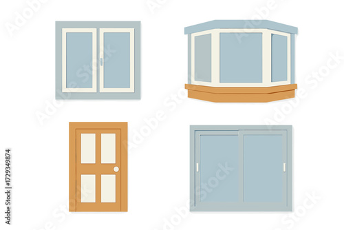 Architectural elements set featuring various house windows including bay and sliding designs with a classic wooden door