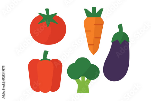 Colorful fresh healthy vegetable assortment featuring tomato, carrot, eggplant, bell pepper, and broccoli for diet