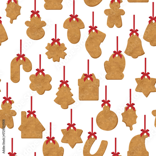 Seamless vector pattern with gingerbread Christmas cookies hanging on red ribbons. Festive holiday background with traditional shapes for winter celebration and decoration.