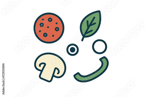 Assortment of fresh pizza ingredients including pepperoni slices, mushroom, spinach leaf, and bell pepper on a white background