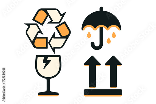 Universal shipping and handling symbols for package instructions including recycle, fragile, keep dry, and this way up signs