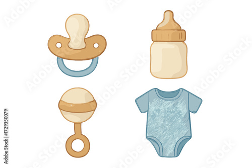 Cute baby boy accessories set with pacifier, feeding bottle, rattle, and blue infant bodysuit