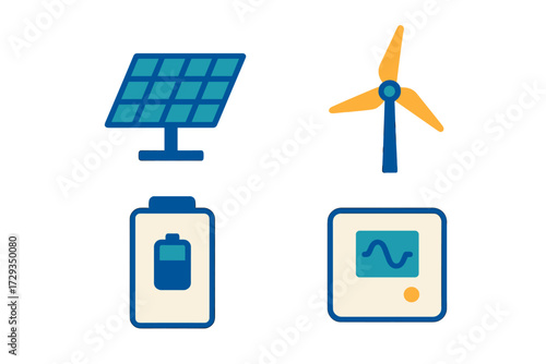 Set of renewable energy sources and storage icons featuring solar panel, wind turbine, battery, and energy monitor for sustainable power generation