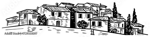 Tuscan Hilltown Village Panorama Line Art Vector