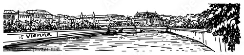 Vienna Riverside Cityscape Panorama Line Art Vector