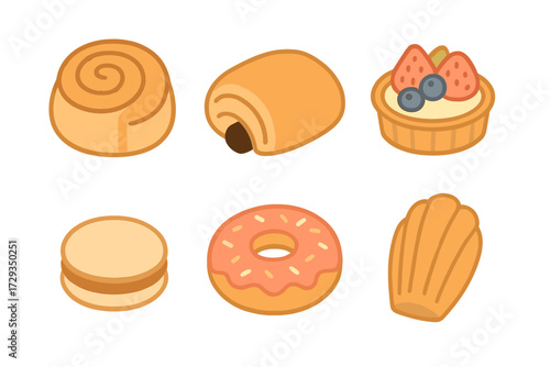 Assortment of delicious sweet baked goods including donuts, tarts, macarons, madeleines, and chocolate rolls