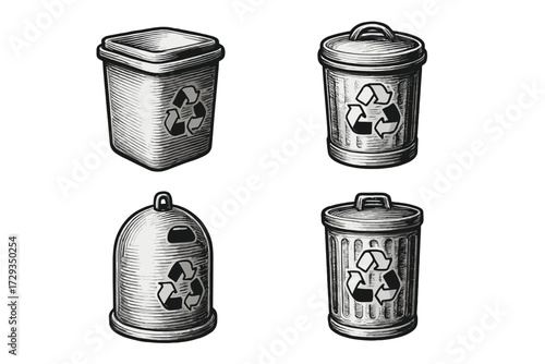 Collection of various recycling bins and trash cans displaying universal environmental sustainability symbols