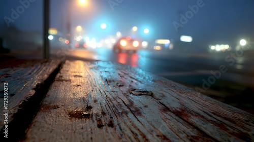 Glossy pavement glistens under dim light as a moving car appears blurred in the rainy atmosphere.