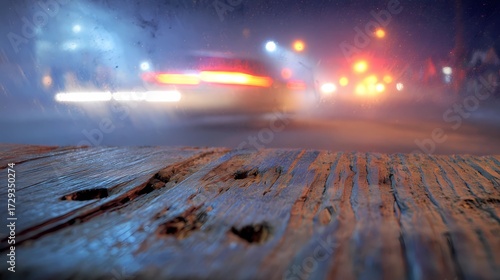 Glossy pavement glistens under dim light as a moving car appears blurred in the rainy atmosphere.