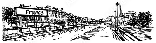French City Boulevard with Road Sign Panorama Line Art Vector