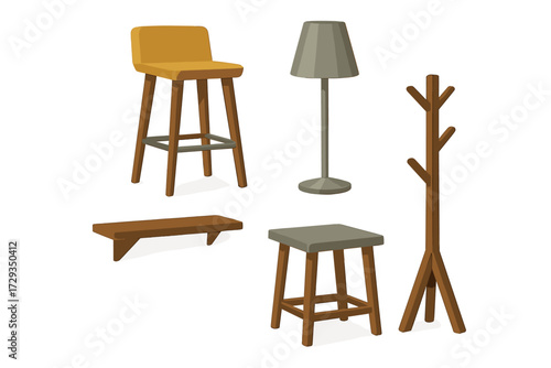 Modern home furniture and decor items set including a bar stool, lamp, small stool, shelf, and coat rack