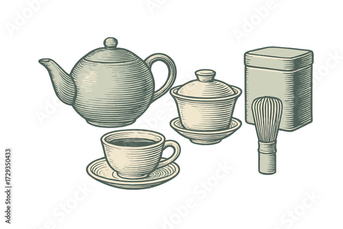 Traditional tea ceremony items including teapot, teacup, gaiwan, tea caddy, and matcha whisk in vintage woodcut style