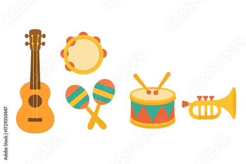 Colorful set of diverse musical instruments including ukulele, tambourine, maracas, drum, and trumpet for music-related designs and themes