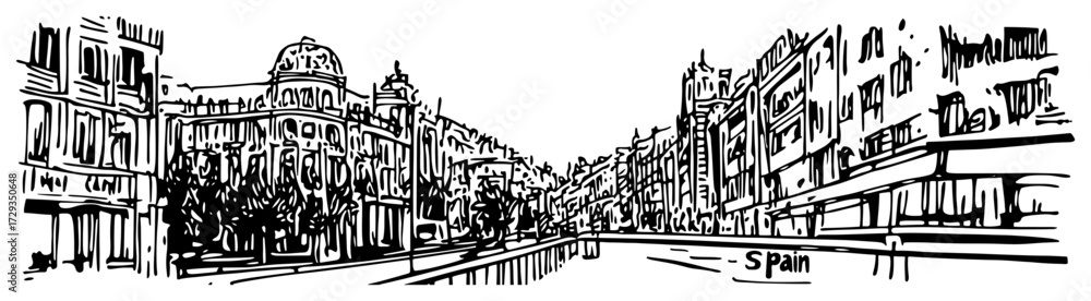 Obraz premium Barcelona Boulevard Cityscape Spain Hand Drawn Vector