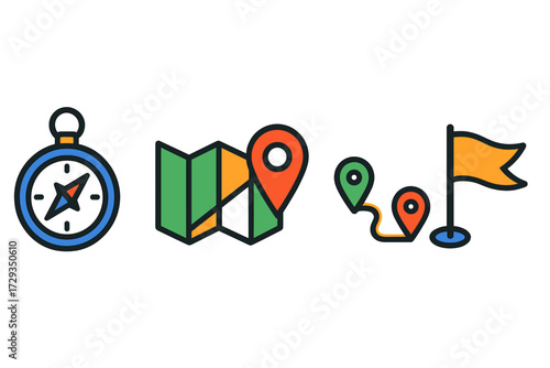 Navigation tools set featuring a compass, folded map, location pins, and a destination flag for travel planning and route guidance