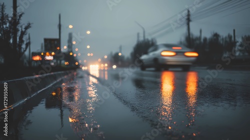 Glossy pavement glistens under dim light as a moving car appears blurred in the rainy atmosphere.