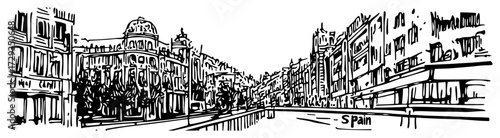 Barcelona Boulevard Cityscape Spain Hand Drawn Vector