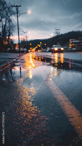 Glossy pavement glistens under dim light as a moving car appears blurred in the rainy atmosphere.