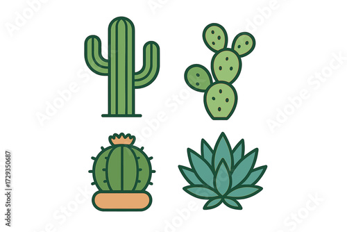 Stylized collection of diverse desert plants and succulent icons featuring various cactus species and agave