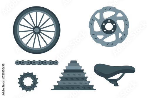 Detailed set of bicycle components including wheel, chain, disc brake, sprocket, cassette, and saddle for cycling themes
