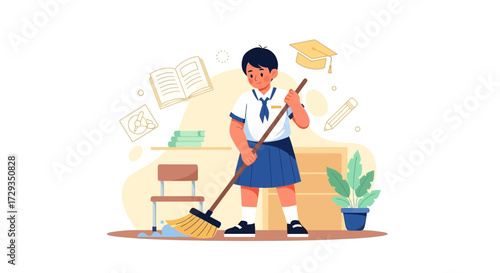 Diligent Schoolchild Cleans Classroom, Promoting Education and Hard Work Through Community Service.