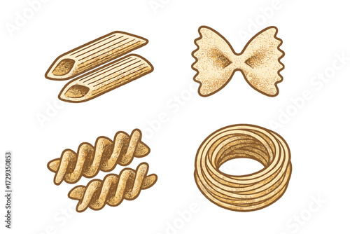 Classic Italian pasta shapes assortment including penne, farfalle, fusilli, and tagliatelle variety