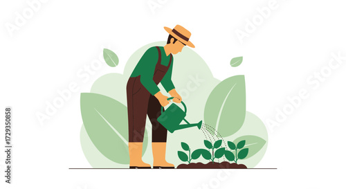 Farmer watering plants in the garden, farming and agriculture illustration design