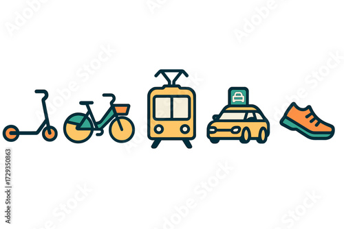 Urban transportation and personal mobility icons: scooter, bicycle, tram, taxi, running shoe for modern city life