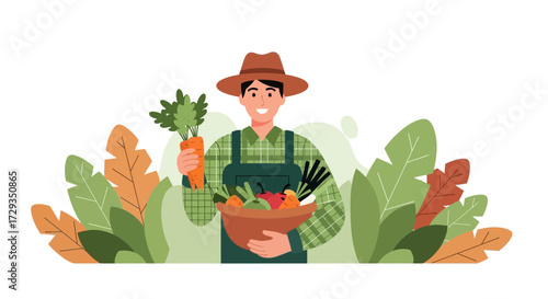 Farmer with fresh produce in a rural scene, a vibrant illustration of agriculture
