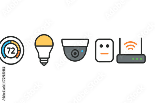 Modern smart home system icons featuring thermostat, energy-efficient light bulb, surveillance camera, voice assistant, and wireless router