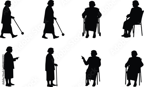 Elderly woman silhouette collection with cane and wheelchair, senior lady sitting and walking poses, healthcare, retirement, aging support illustration