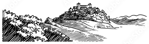 Hilltop Castle and Countryside Landscape Line Art Vector